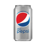 A 12oz silver Diet Pepsi can (36-count) displays the red, white, and blue Pepsi logo, Now Aspartame Free at the top, and diet pepsi in blue near the bottom.