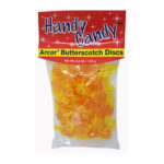 A clear bag labeled Handy Candy BUTTERSCOTCH DISCS contains individually wrapped yellow butterscotch candies, net weight 6 oz (170 g).