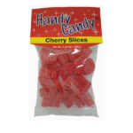 A 7.25 oz (205 g) bag of Handy Candy CHERRY SLICES—red, sugar-coated gummy candies in a clear package with a yellow and red label.