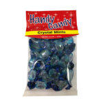 A clear bag labeled Handy Candy CRYSTAL MINT holds individually wrapped blue and clear mint candies. The red label with white and yellow accents shows a net weight of 5.5 oz (155 g).