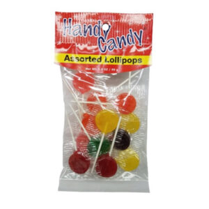 Handy Candy ASSORTED LOLLIPOPS comes in a clear plastic bag with colorful round lollipops—red, yellow, orange, green, and brown—each on a white stick.