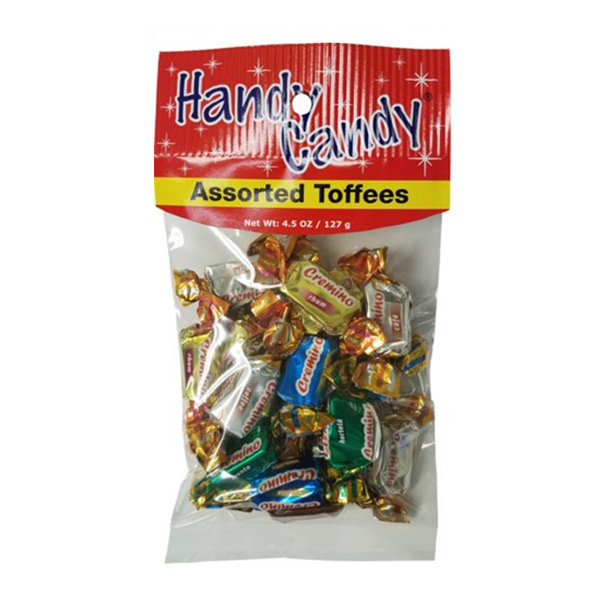 Handy Candy ASSORTED TOFFEES comes in a clear plastic bag with 4.5 oz (127 g) of individually wrapped toffees in gold, green, and red colors.